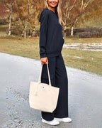 2-Piece Knit Hoodie & Wide Leg Pants Outfit