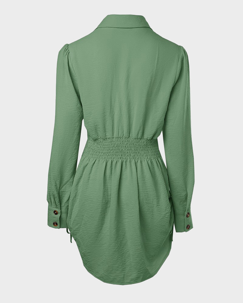 Long Sleeve Button Down Drawstring Shirt Dress
