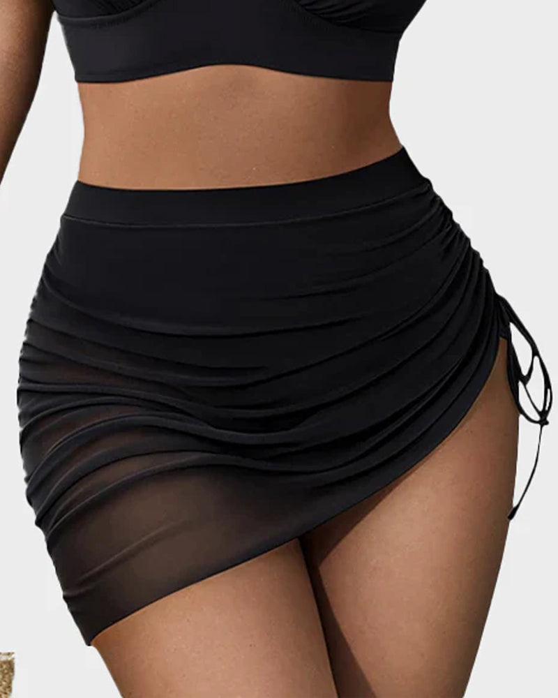 Mesh High Waisted Tummy Control Sarong Wraps Bikini Set