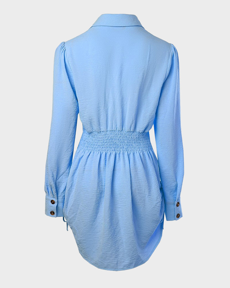 Long Sleeve Button Down Drawstring Shirt Dress