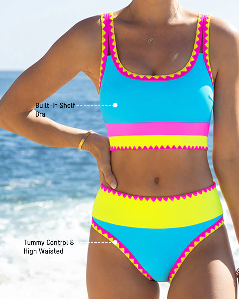 Color Contrast Patchwork Nylon Sporty 3 Piece Bikini Sets Secondary image