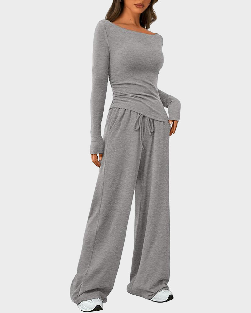 Long Sleeve Tee & Wide Leg Pants 2 Piece Lounge Set Secondary image